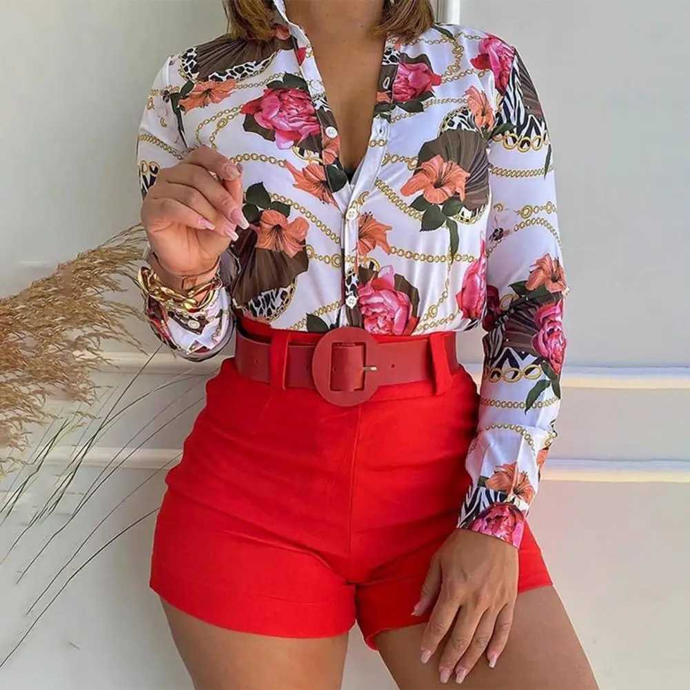 1 Set Women Blouse Shorts Suit Floral Spring Summer Printed Blouse Pure Color Shorts Office Ladies Shirt ShortsXJ250106