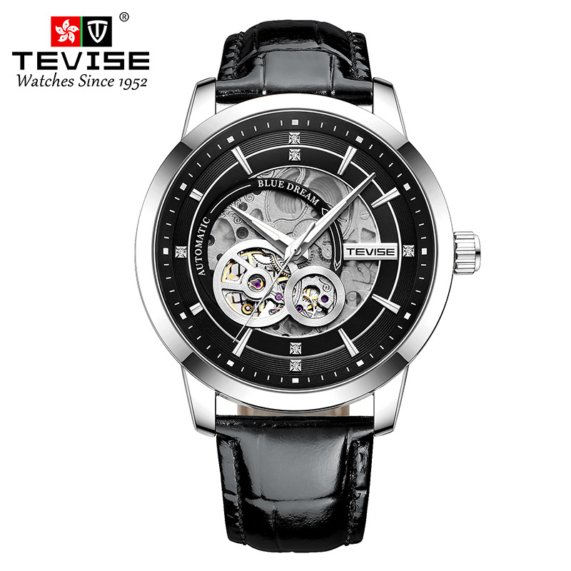 TEVISE New Style Business Fashion Mens Automatic Mechanical Watch with Leather Strap Wristwatch T031-T876C