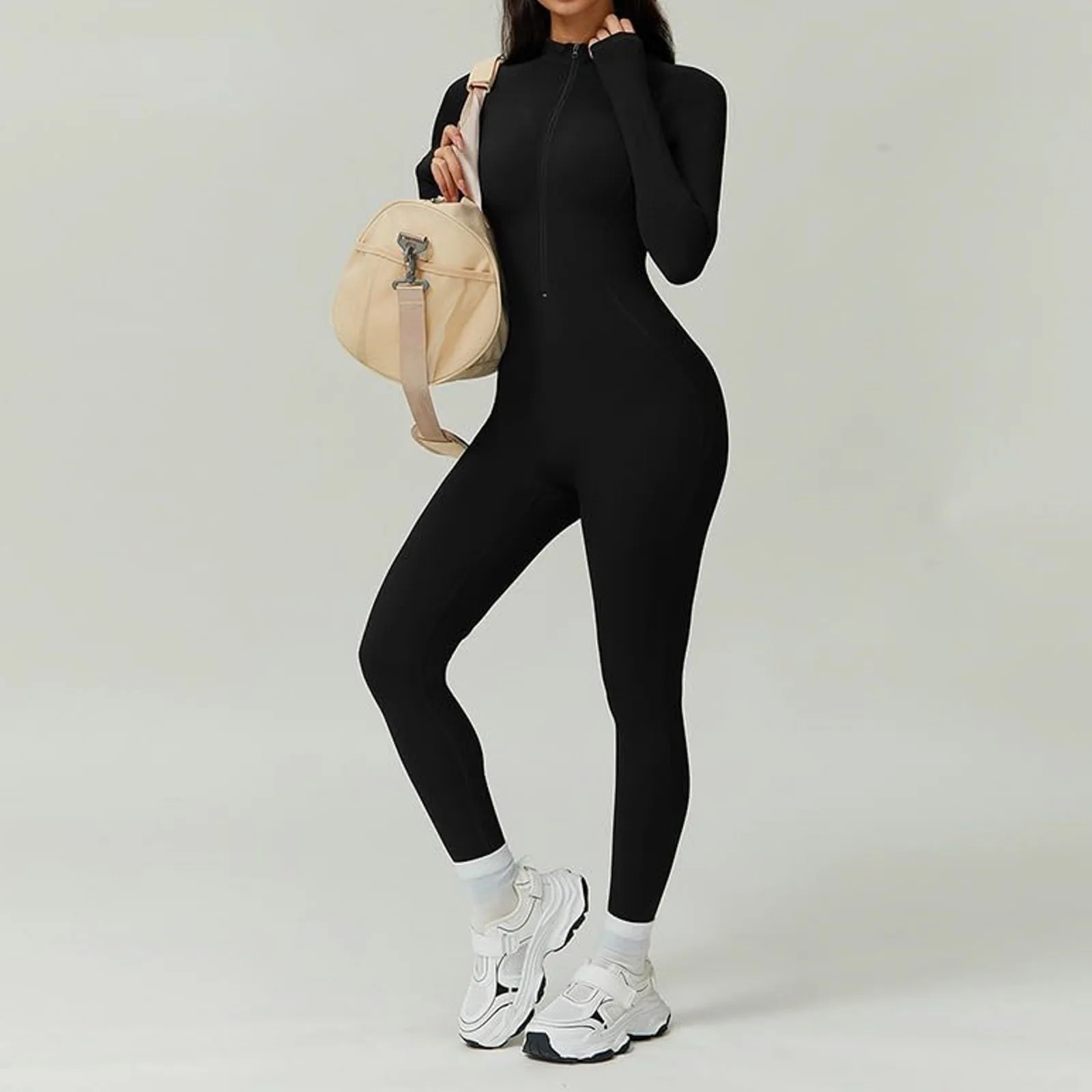 Black Slim Fleece Lined Women Bodysuit Autumn Winter Warm Long Sleeve Full Zip Turtleneck Tight Jumpsuit Sport Fitness Rompers 250206