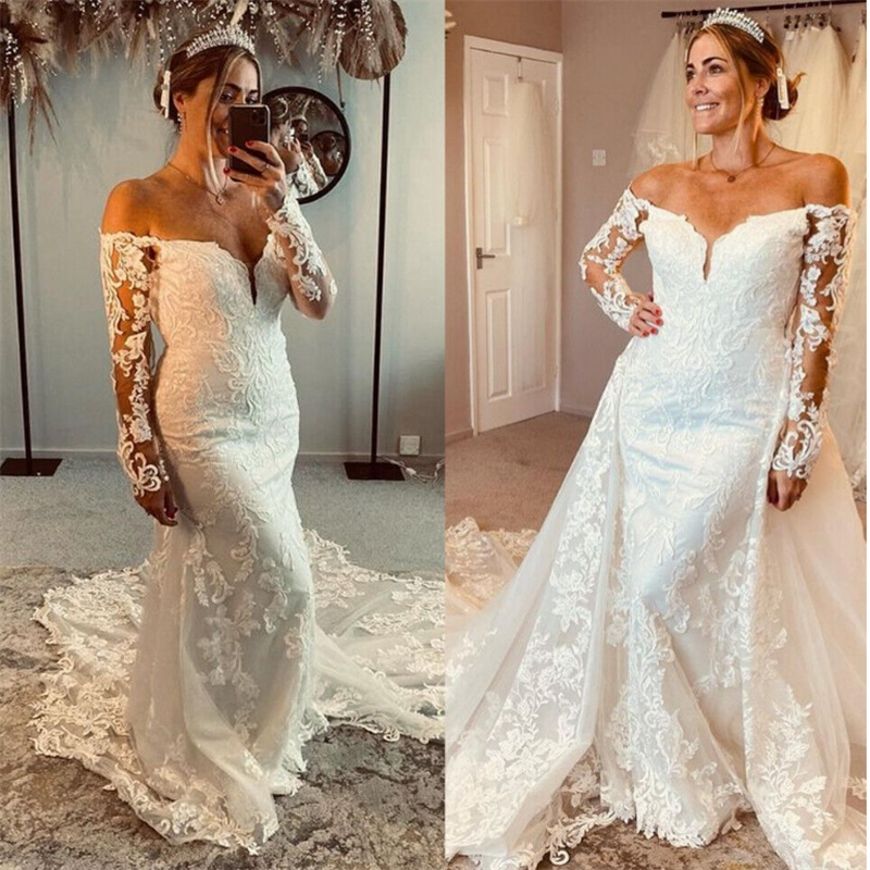 Plus Size Detachable Train Wedding Dress Curvy Off Shoulder Mermaid Bride Dress Long Sleeve Lace Rustic Country Civil Bridal Gowns Bespoke Vestio De N