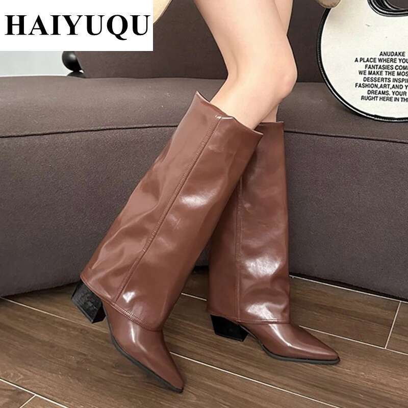 Knee High Heels Women Leather Chunky Fashion Shoes Pointed Toe Snow Long Boots New Designer Pumps Punk Botas Mujer