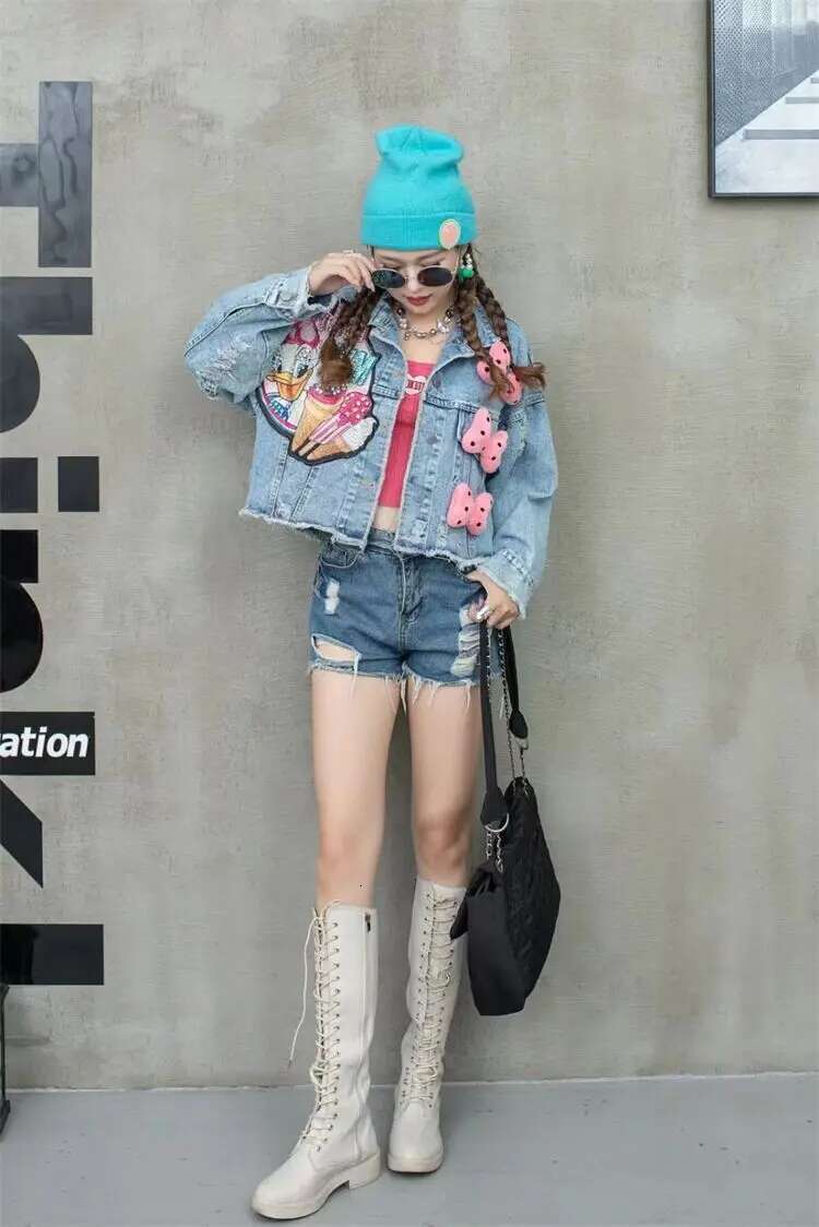 2025 New Women Coat Cartoon Sticker Embroidered Sequin Short Denim outdoor jacket Loose Bowknot Top
