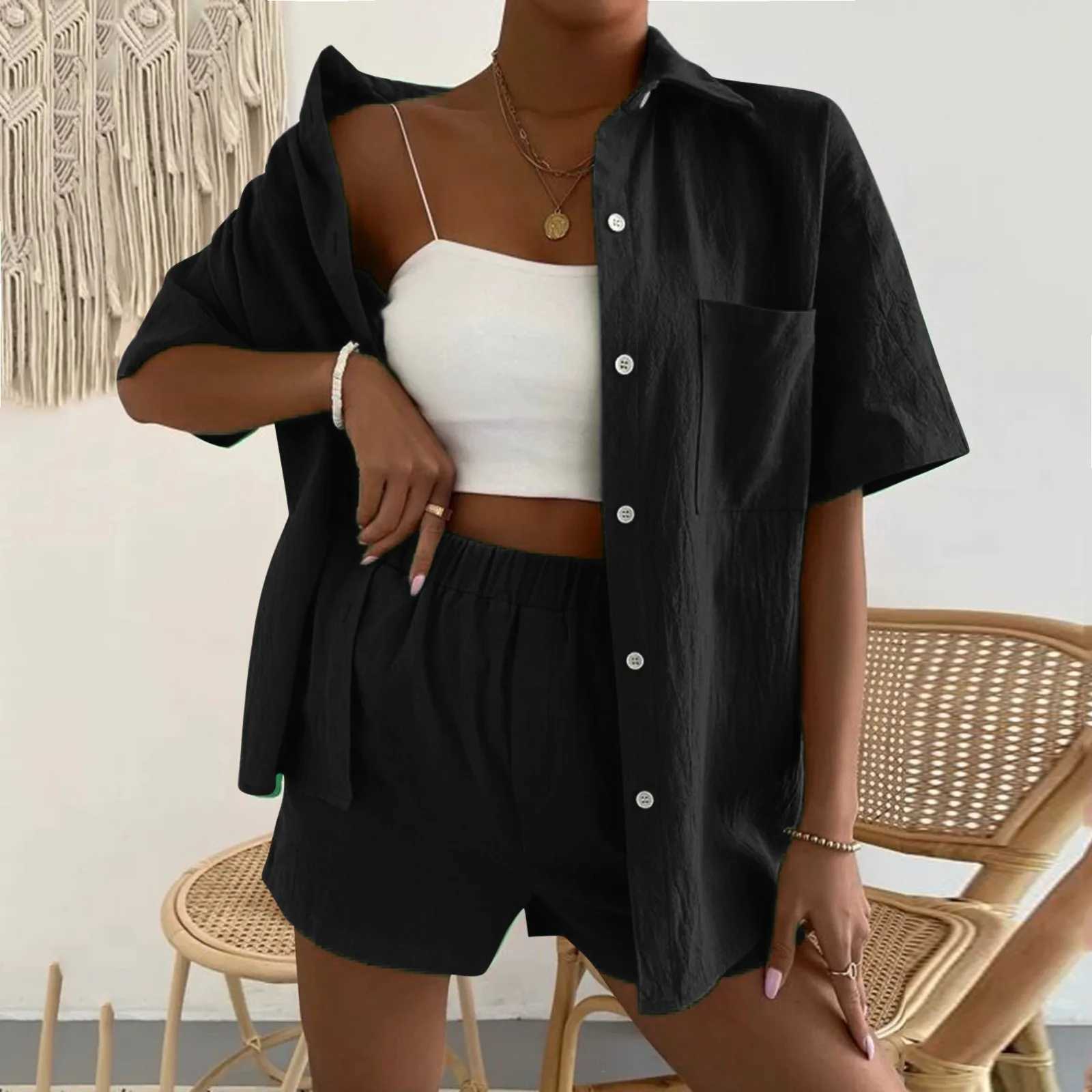 Vacation Fashion Women Suit Casual Solid Shorts And Shirt Top Two Piece Sets Lapel Shirt Temperament Comting Sexy Slim SuitsXJ250106