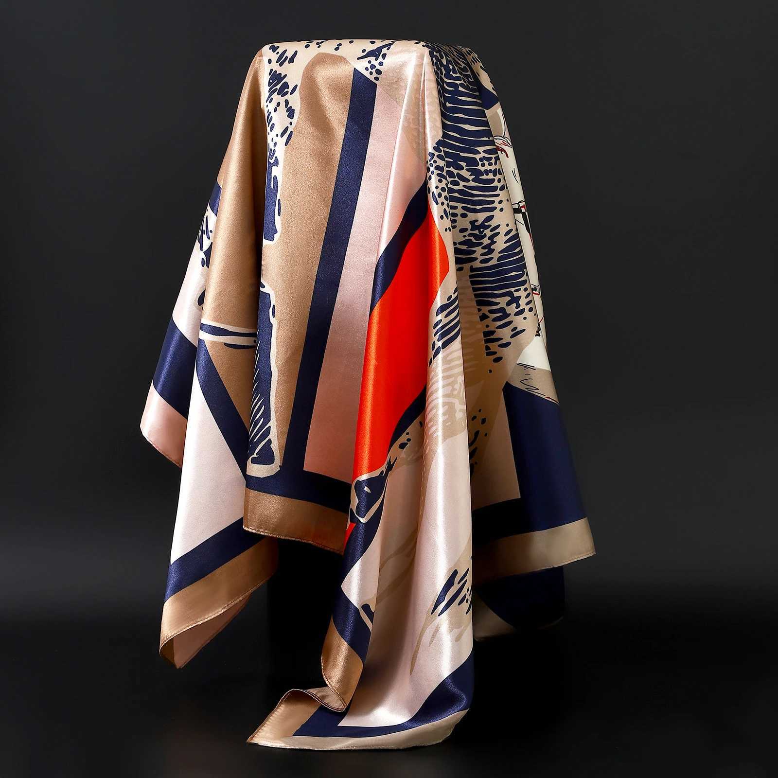 90X90CM Scarves Womens Printed Hair Neck Square Silk Office Women Shawl Bandanna Handle Headscarf Foulard Womens Packaging Muffler W250107