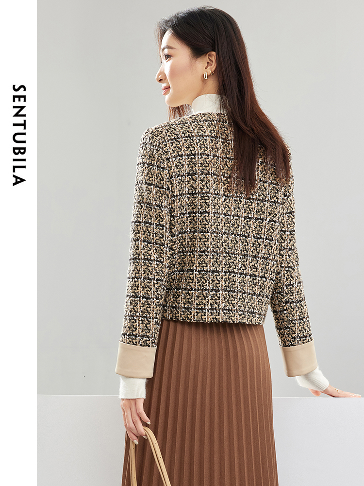 SENTUBILA Contrast Cuff Crop Tweed Jackets For Women 2024 Spring Autumn Elegant Long Sleeve Straight Outerwear Coat 141W52802