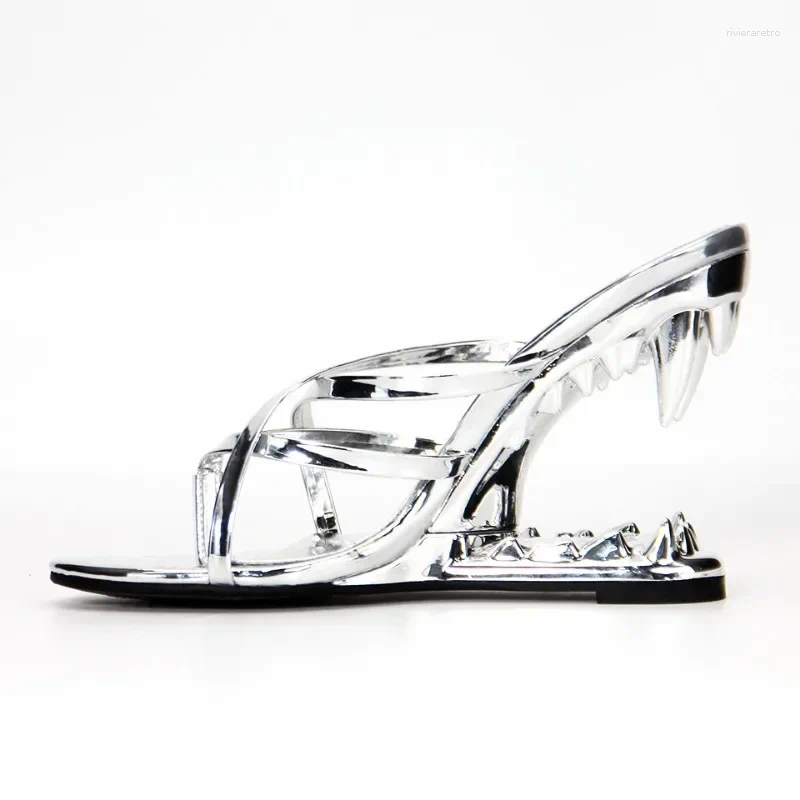 Sandals Concise Tiger Tooth Shaped Heel Women's High-heeled Slippers European American Fashion Shows Alien Slope 41