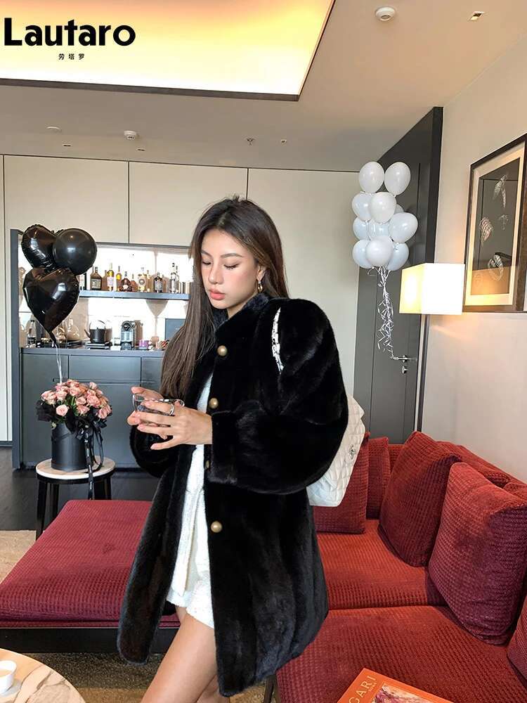 Lautaro Winter Brown Thick Warm Soft Faux Mink Fur Coat Women Long Sleeve Stand Collar Elegant Chic Fluffy Jacket 2023