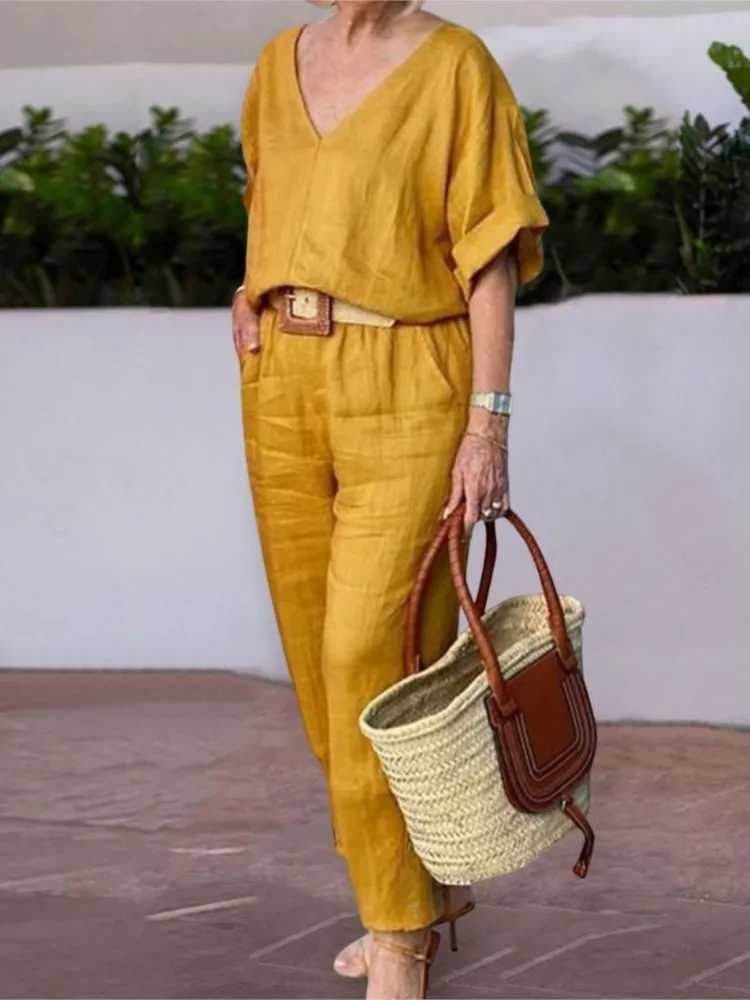 Beltless V-neck Short-sved Top + Nine-point Pants 2-piece Set For Women Fashion Summer Solid Color Loose Office Suit FeXJ250106