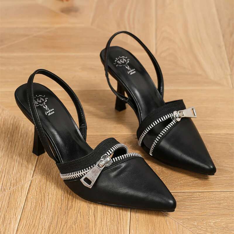 Fashion Women's Pumps Sandals Summer Sexy Sgback High Heels Denim Elegant Pointed Toe Zipper Decoration Party Wedding Shoes