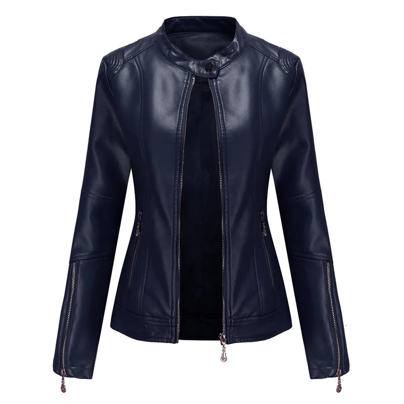 Spring Autumn Ladies Casual Leather Jacket Outdoor Windproof PU Stand Collar Tops Fashion Slim Motorcycle Wear Womens Clothing 250103