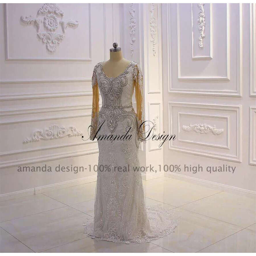 Amanda Design Robe De Mariage Sirene Long Sleeve Rhie Detachable Skirt Wedding Dress