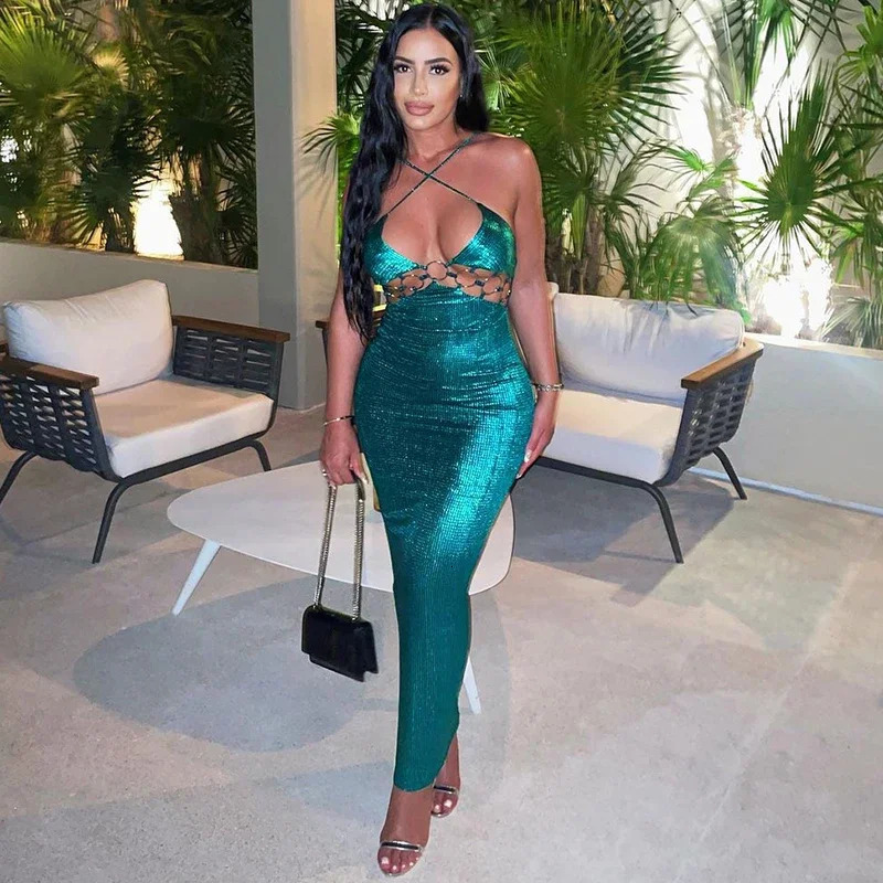 Halter Bling Outfits Shinny Backless Hollow Out Metal Rings Sexy Maxi Dress Sleeveless Elegant Evening Party Holiday 250103