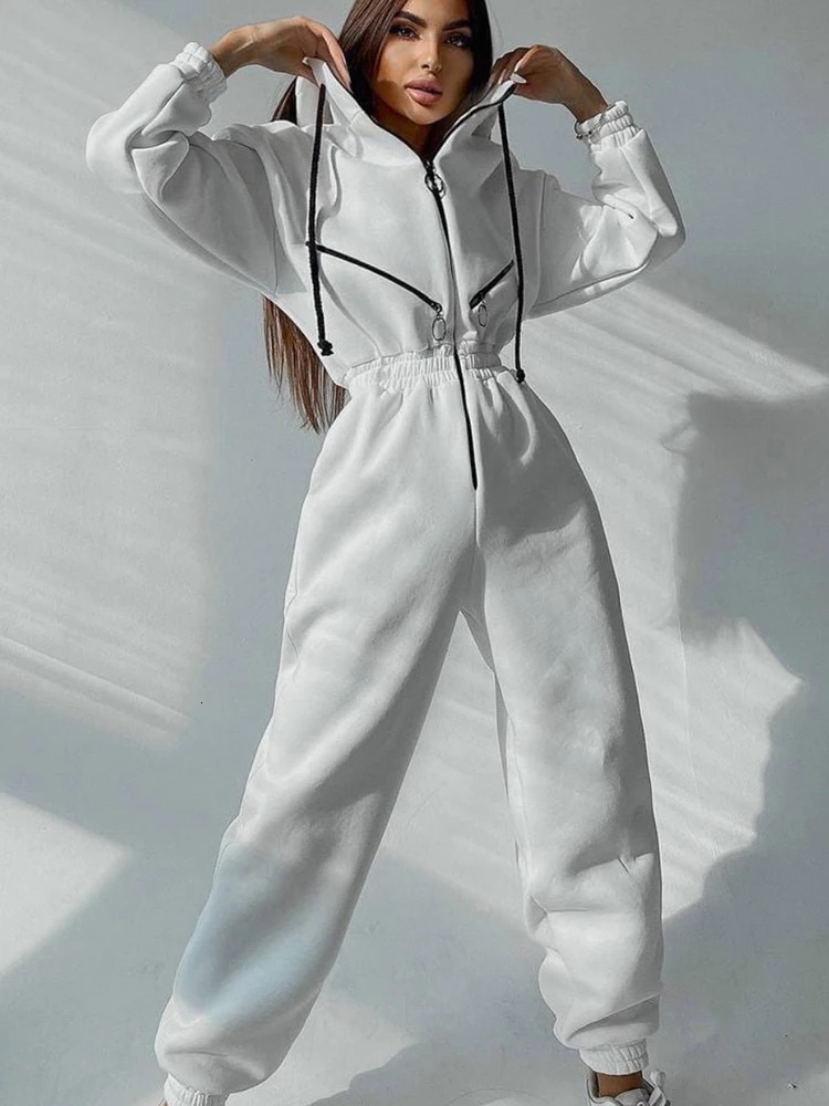 Autumn Womens Monochrome LongSleeved Jumpsuit Solid Color Zipup Sportswear Female Winter Casual Tracksuit Fashionable Hoodies 250103