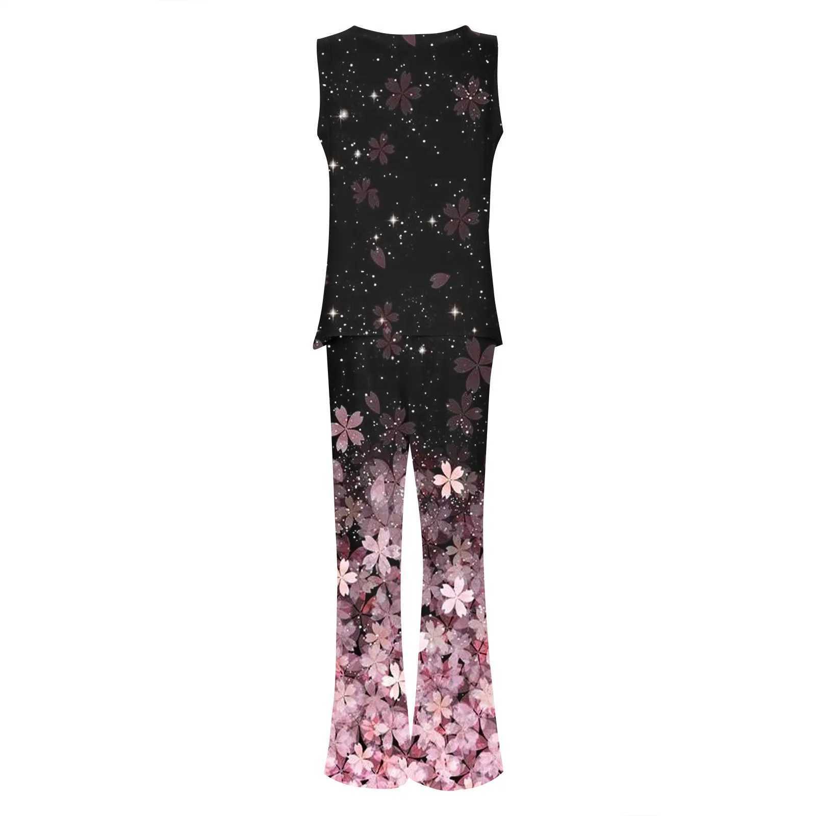 Fashion Two Piece Sets Womens Outfits Vintage Print O Neck Sveless Shirt Vest High Waist Loose Pants Suit Fe OutfitXJ250106