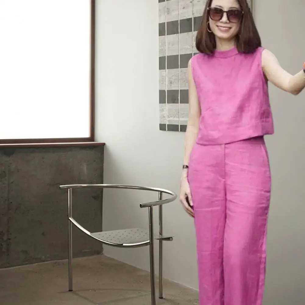 2Pcs/Set Summer Women Top Pants Set O-neck Sveless High Waist Pockets Lady Outfit Solid Color Wide Leg Long Pants SuitXJ250106