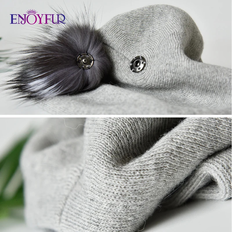 ENJOYFUR Women Winter Classic French Beret Cashmere Wool Knit Real Fur Pom Beret Hat For Lady Warm Fashion Fur pom Beret 250106