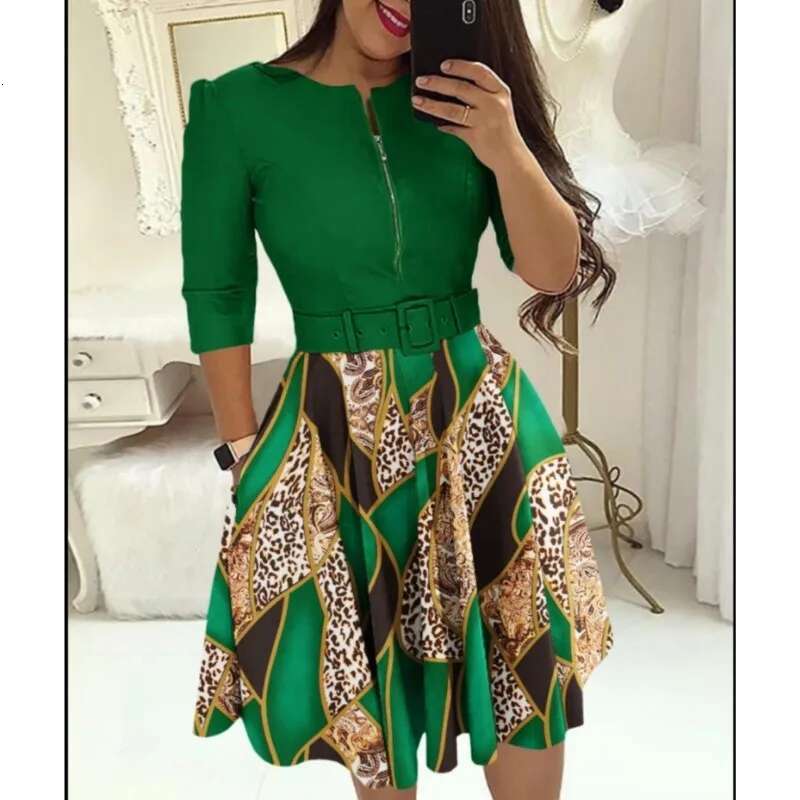 Autumn Elegant Print Slim Belt Party For Women 2023 Sexy V Neck Zipper Long Sleeve A E Dress Office Lady Dresses Femme