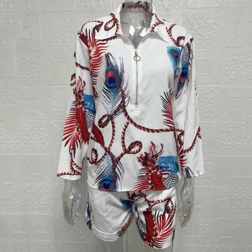Women Two Piece Outfit Stylish Printed Shirt Shorts Set with Zipper Lapel Soft Pockets High Waist Lady Top Shorts Suit for WomenXJ250106