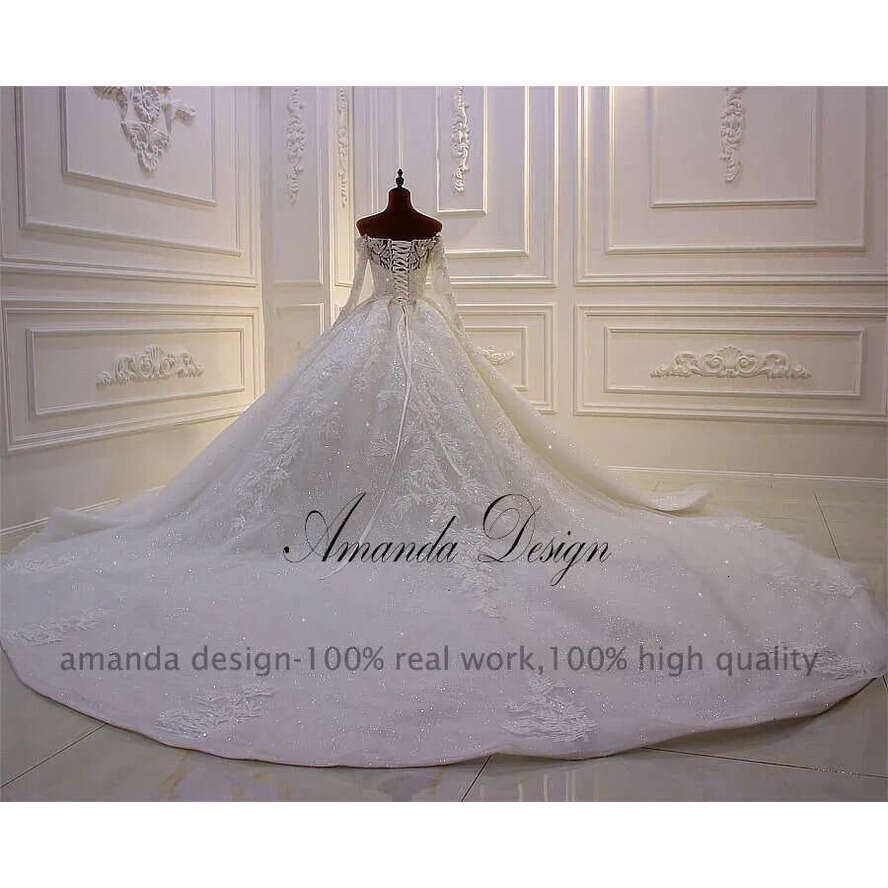 Amanda Design Robe De Mariage Off Shoulder Sleeves Shiny Crystal Long Train Wedding Dress