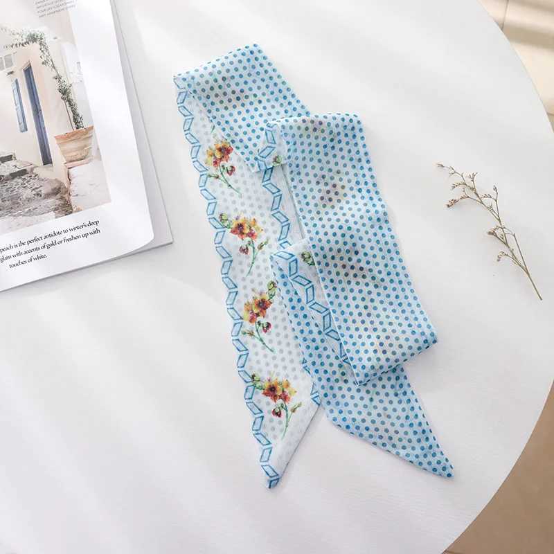Summer French Retro Blue Tie Small Flower Long Thread Scarf Headband Braided Hair Chiffon Thin Ribbon Scarf W250107