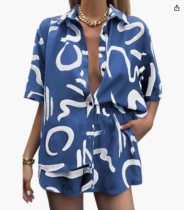 Leisure Beach Holiday Loose Short Shirt Set Bohemian Geometric Printed Womens Two Piece Set 2023 Summer Womens WearXJ250414