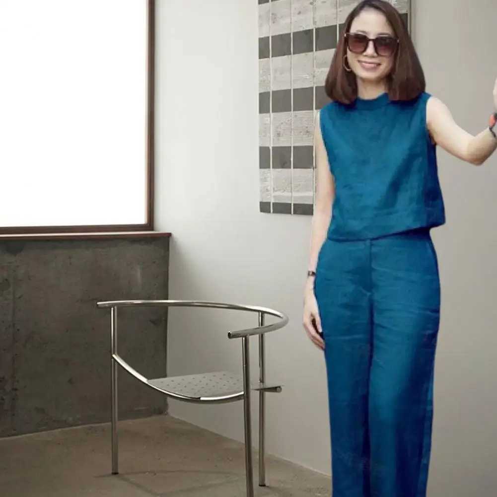 2Pcs/Set Summer Women Top Pants Set O-neck Sveless High Waist Pockets Lady Outfit Solid Color Wide Leg Long Pants SuitXJ250106