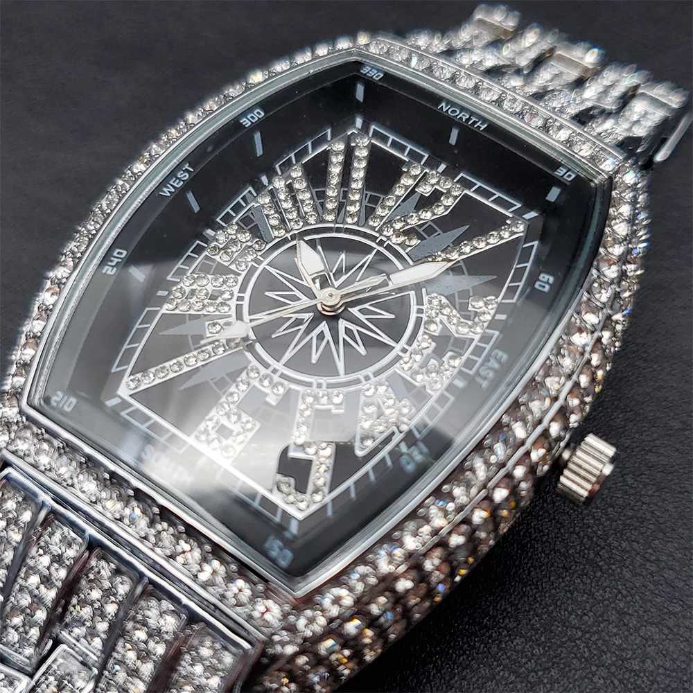 Men Luxury Watch Black Dial Full Diamond Quartz Wrist Watches Waterproof Mens Big Hand Clock Hip Hop Fashion Man AccessoriesX250107
