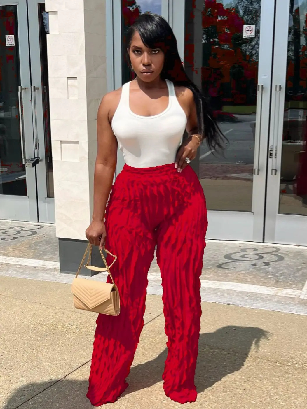 QFAF Women Wave Ruffles Splicing Wide Leg Pants Fashion Autumn streetwear see though Trousers 250106