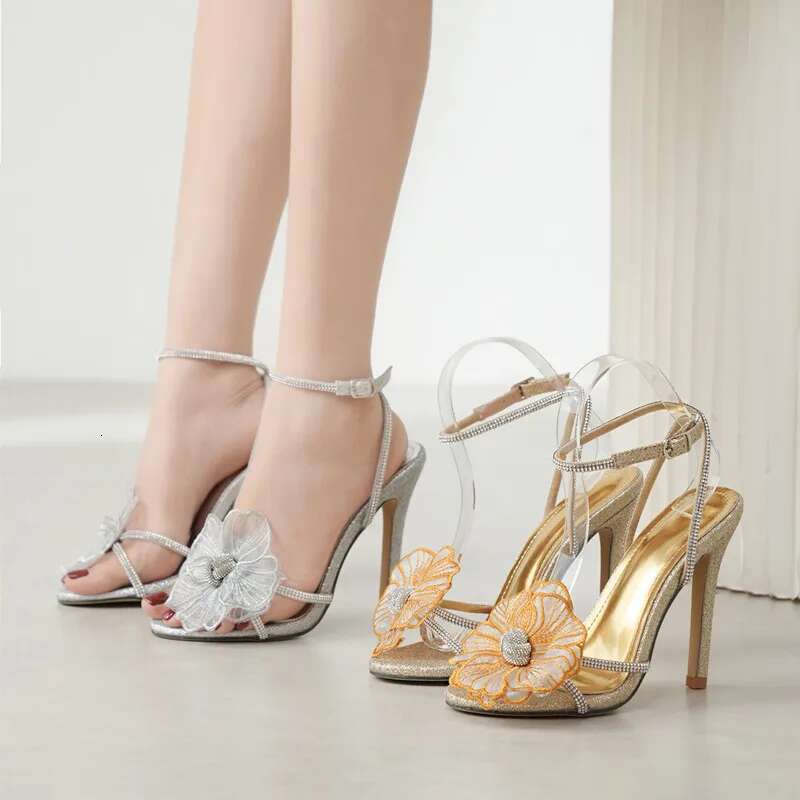 2024 Summer New Brand Rhies Wers Women Sandals Fashion Sequined Ankle Strap Stiletto High Heels Female Shoes