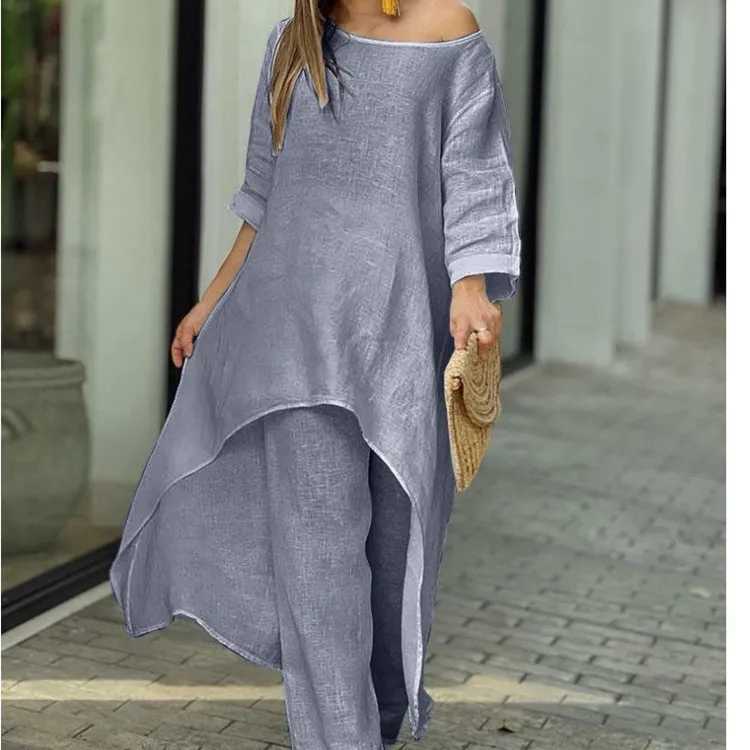 Womens Clothing Linen And Cotton Suit Long Sved Top Oversized Pants 2024 Informal Party Set Womens 2-piece SetXJ250106