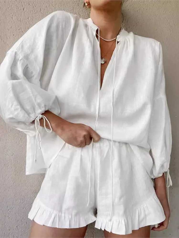 Women Casual Suits Fashion Two Pieces Sets Spring Summer Cotton Linen Loose Long Sve Drstring Blouse Ruffles Shorts SetXJ250106