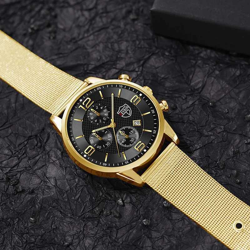 2pcs Fashion Mens Gold Stainless Steel Watches Luxury Quartz Wrist Watch Men Business Casual Calendar Watch Men Necklace SetsX250107