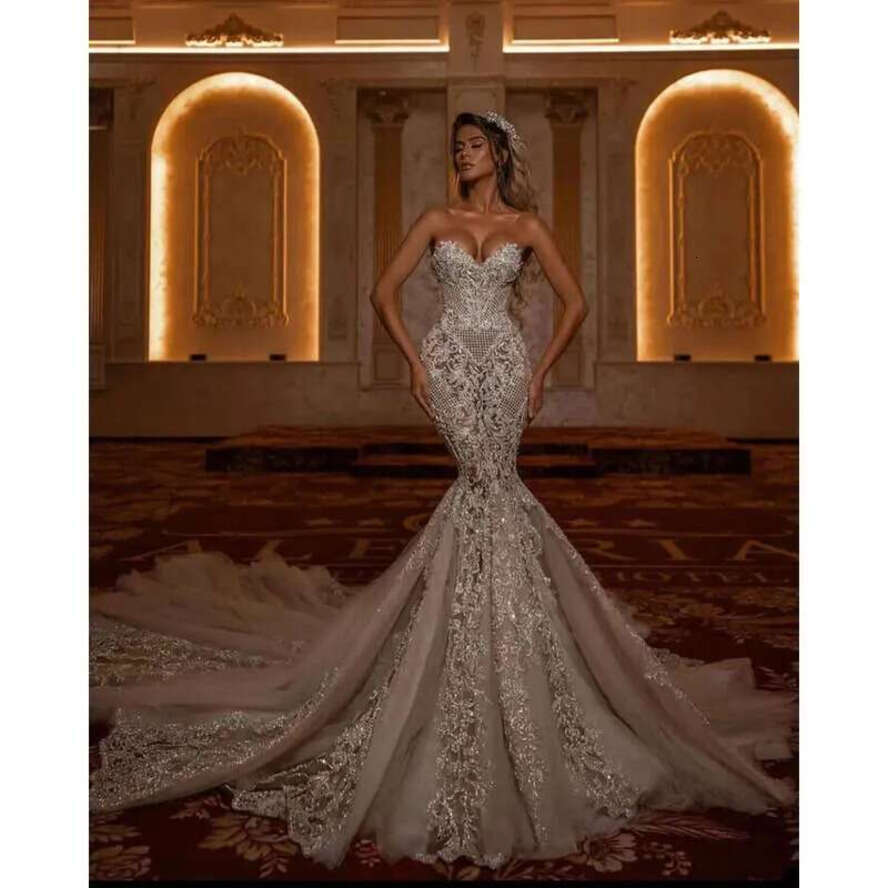 Dress Wedding Vintage Mermaid Strapless Sweetheart Sequined Lace Arabic Trumpet Bridal Gowns Soiree Lacefull Robe De Mariage 0622 Full