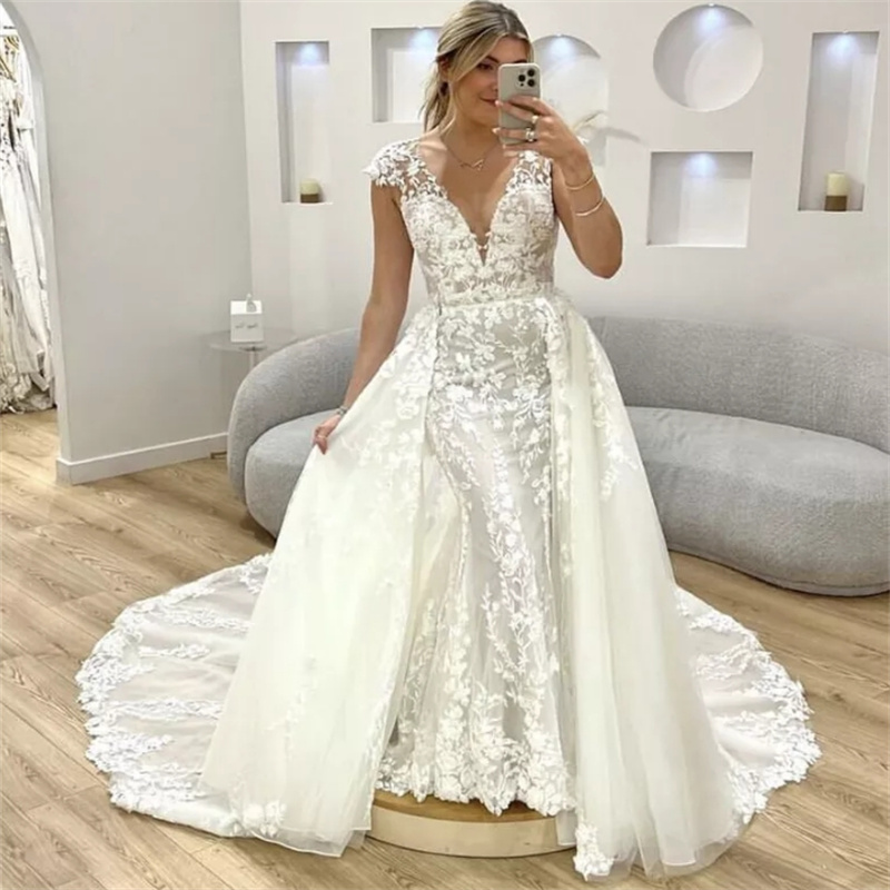 Fancy Lace Mermaid Wedding Dress With Detachable Train Gorgeous Plus Size Church Dubai Bridal Dress 2 In 1 Civil Bride Dress Bespoke Vestio De Novias 