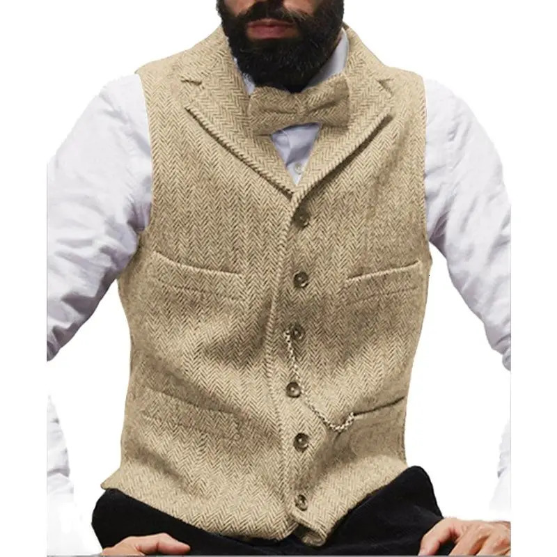 Men Suit Vests Black Waistcoat Vest Man Steampunk Jacket Striped Tweed Vneck Slim Fit Gilet Homme Wedding Clothing 250107