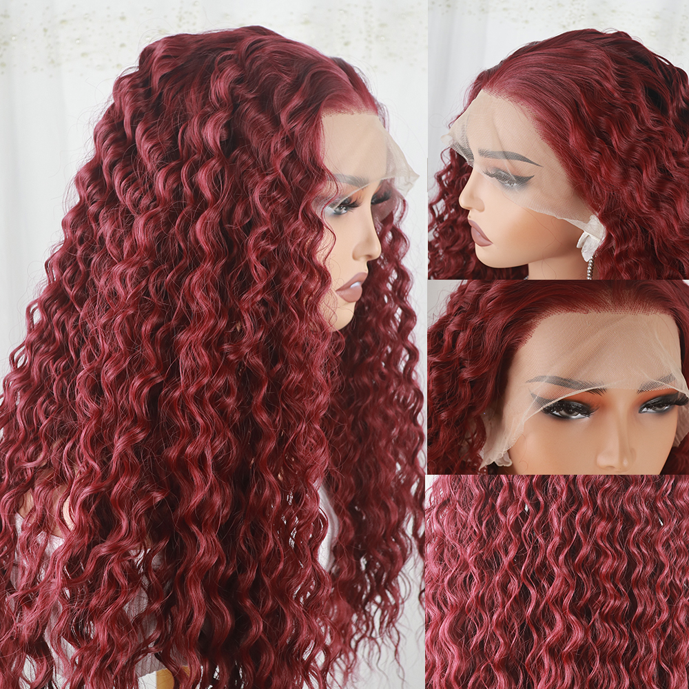 Fashion Long Deep Wave Women Stylish Wine Red 36Inch Natrual Curly Wig Good Texture Heat Resistant Fiber Look Like Human Hair