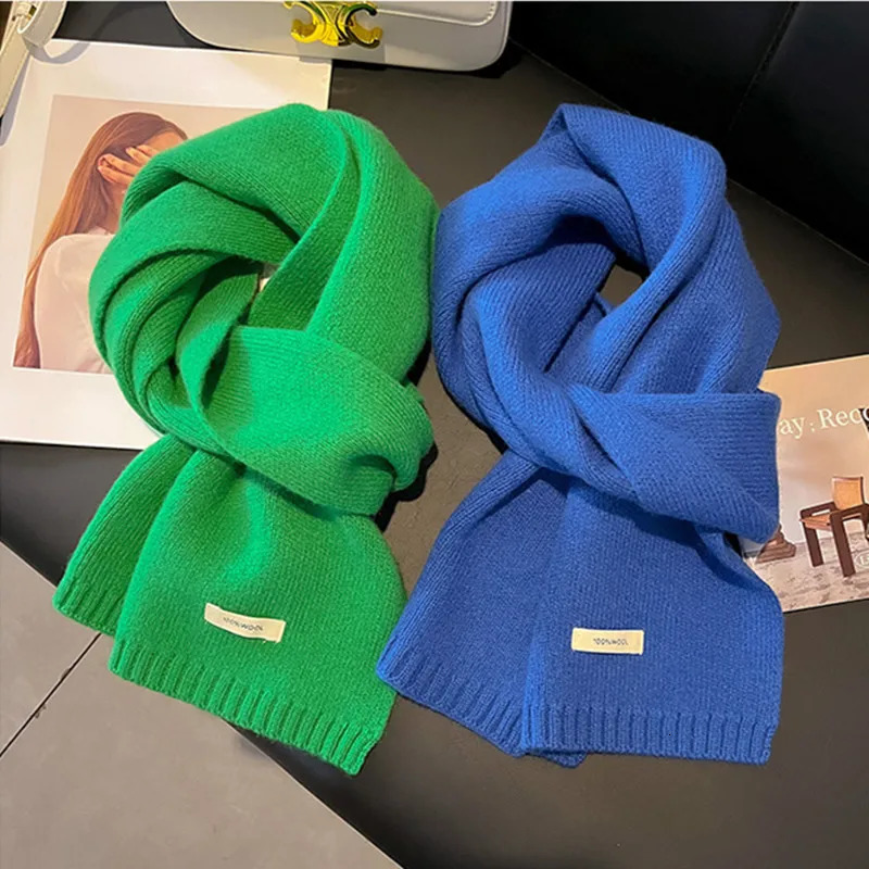 Knitted Scarf Women 100% Wool Winter Warm Scarves Bright Solid Color Thickened Shawl Soft Cashmere Pashmina Neck 250106