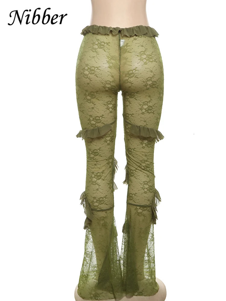 Nibber Sexy See Through Mesh Flare Pants Women Coquette Trend Hipster Skinny Elastic Midnight Wild Club Patchwork Trousers 250106