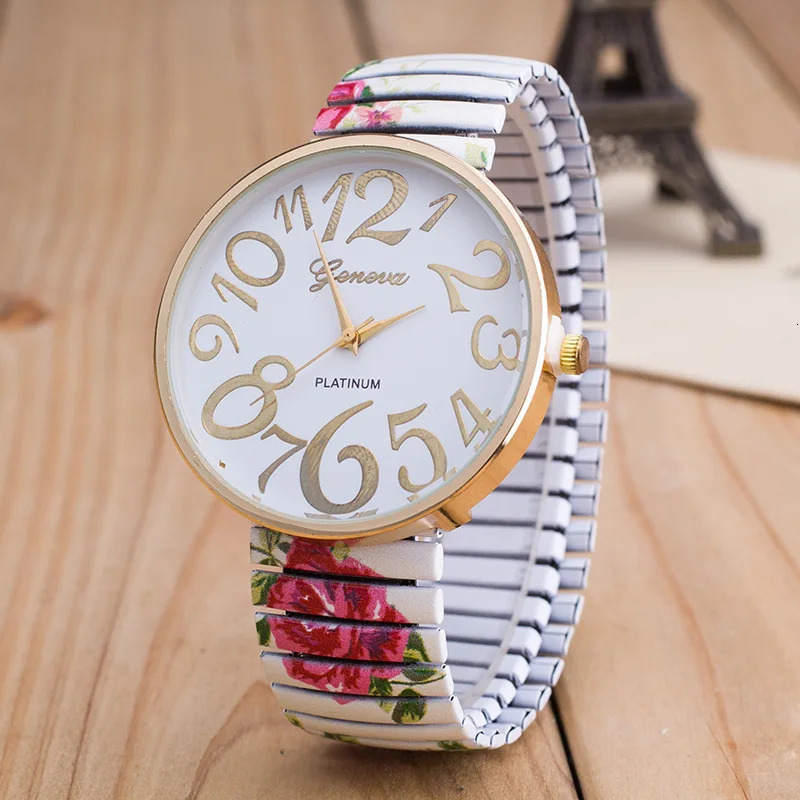 Fashion Flower Women Quartz Watch Arabic Number Large Dial Ladies Wristwatch Unique Elastic Printing Strap Girls Watches 241228