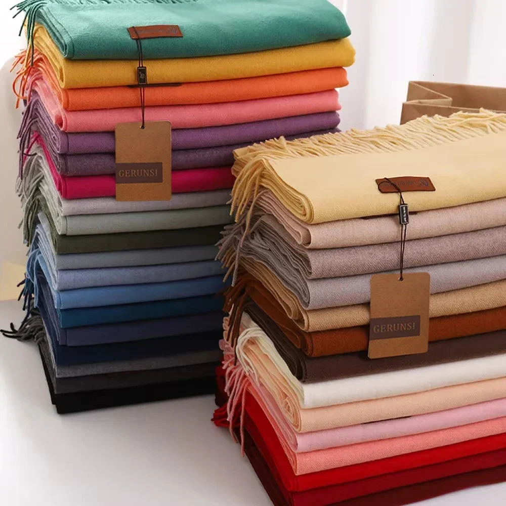 2024 Winter Cashmere Scarf Women Thick Warm Pashmina Shawls Wraps Solid Color Tassel Lady Blanket Echarpe Bufanda Hijab 250106