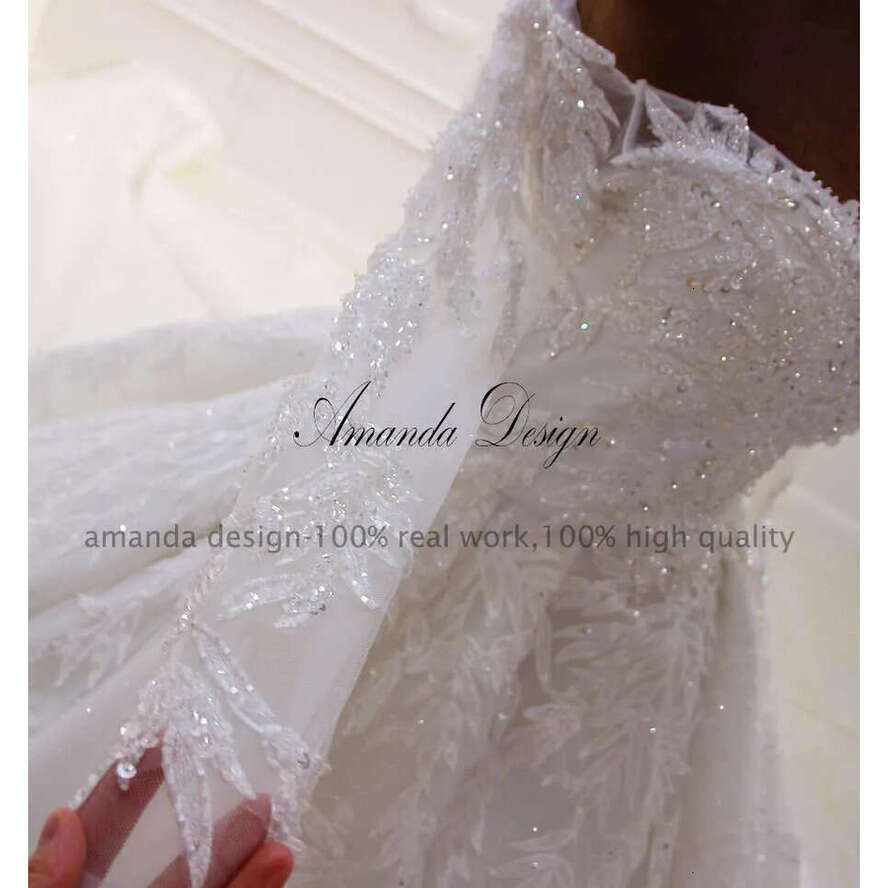 Amanda Design Robe De Mariage Off Shoulder Sleeves Shiny Crystal Long Train Wedding Dress