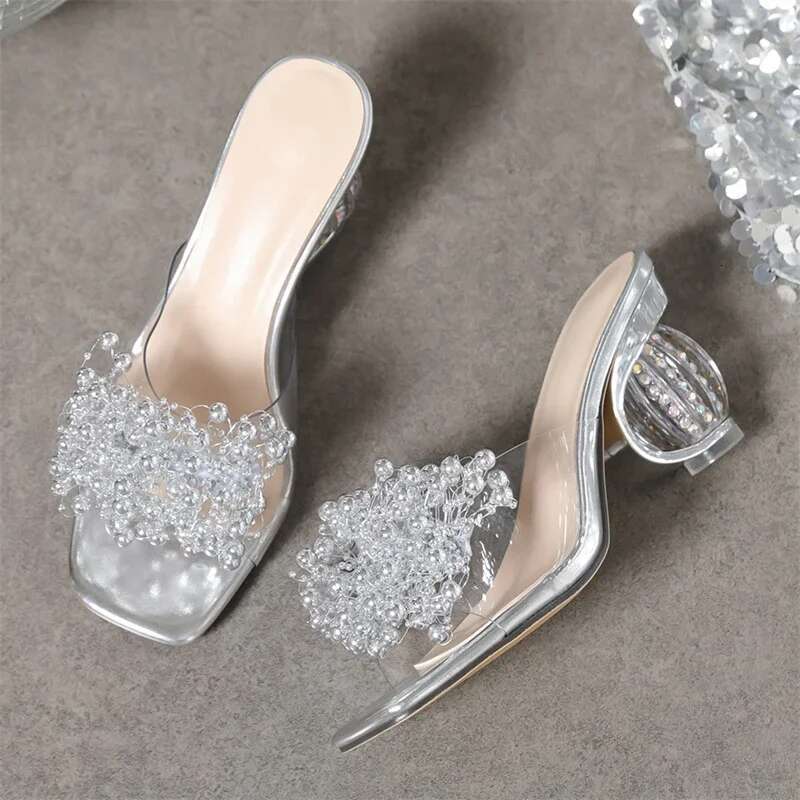 Eilyken Fashion Pearl Wer Women Slippers Design Style Square Toe Crystal Round Heels Shoes Summer Slides Atos De Mujer