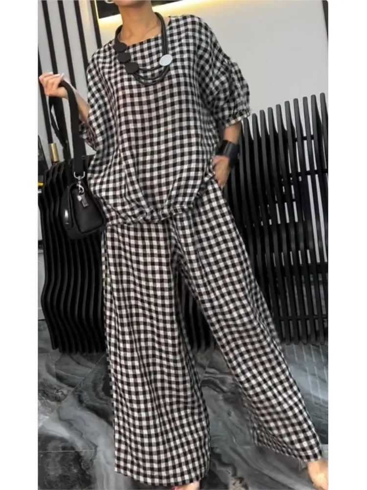 O-neck Half-sved Loose Top + Wide-leg Pants 2-piece Set Womens Fashion Spring Sets Autumn Plaid Printing Back Pull-out SuitXJ250106