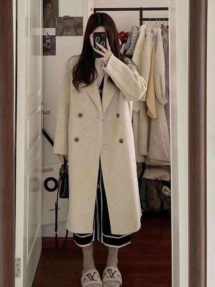 Long Wool Coats Women Autumn Winter Double Breasted Baggy Outwear Keep Warm Korean Style Windbreak Temper Daily Stylish Casual