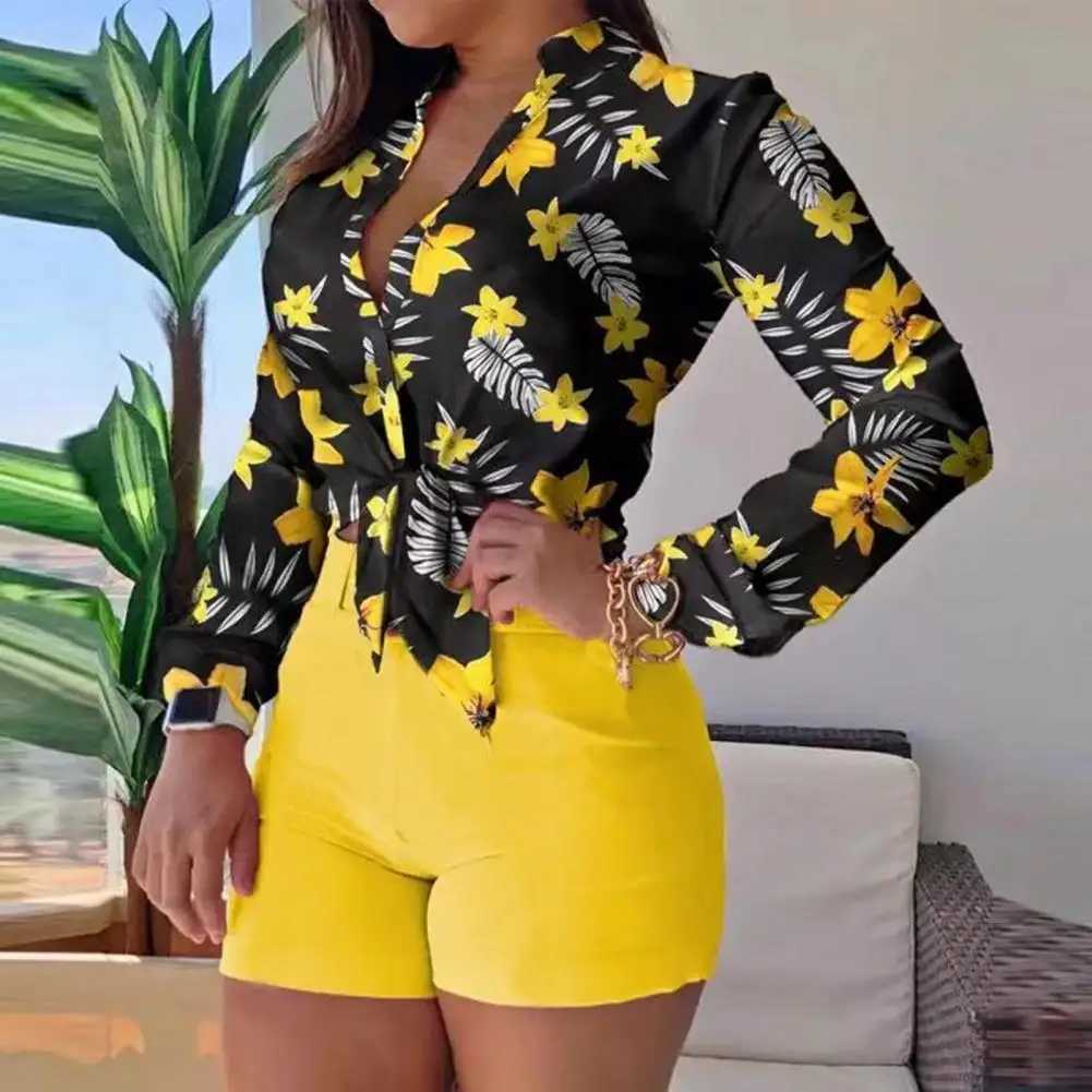 1 Set Women Blouse Shorts Suit Floral Spring Summer Printed Blouse Pure Color Shorts Office Ladies Shirt ShortsXJ250106