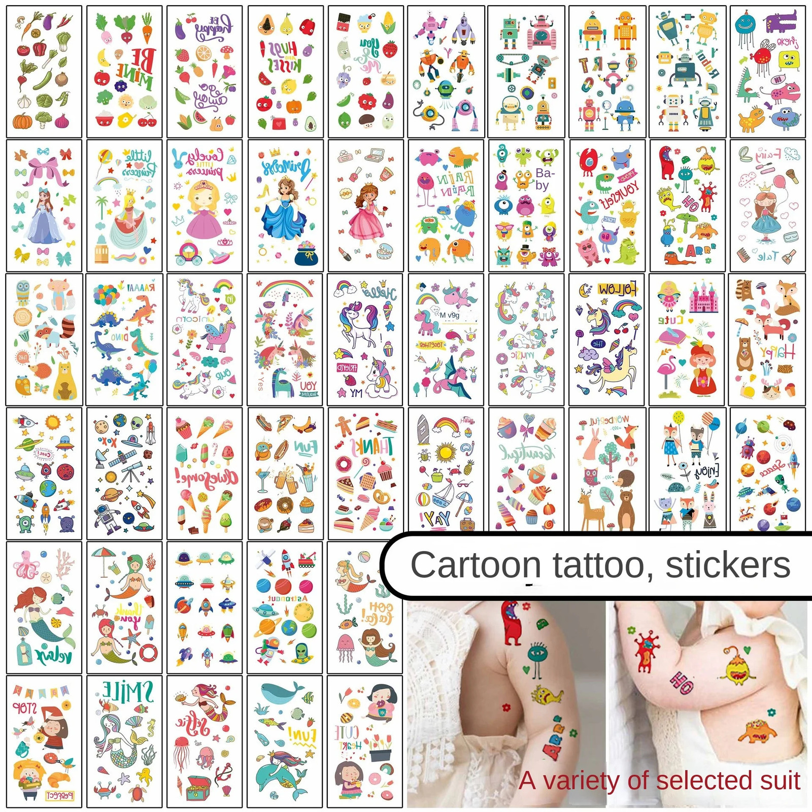 10pcs Children Cute Temporary Tattoo Sticker Princess Girl Boy Cartoon Dinosaur Car Ocean Watch Waterproof 241230