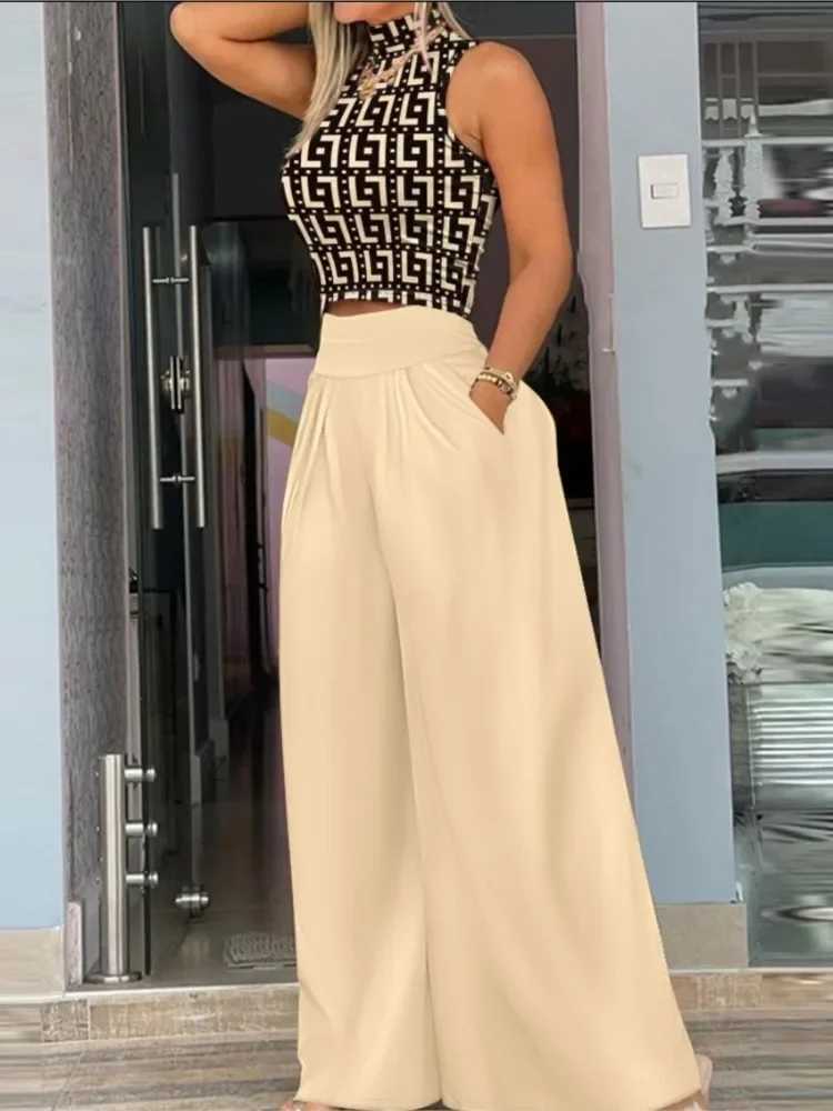 Summer Women Suit O-Neck Sveless Crop Tank Top Plants Print Wide Leg Pants Sets Fe Two Pieces Suit Set Streetwear OutfitsXJ250106