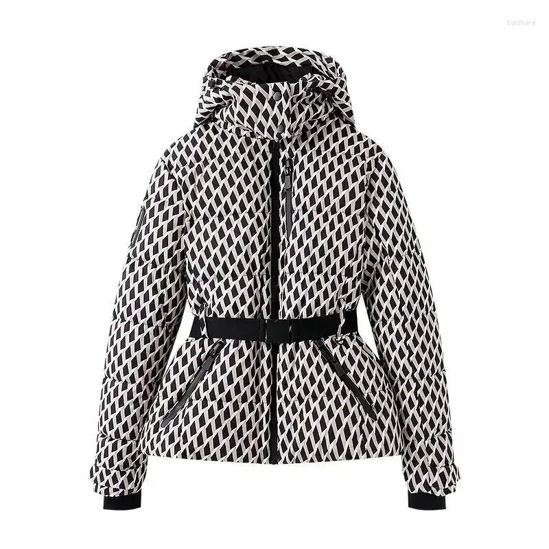 Women's Jackets Fashion Hooded Padded Coat With Belt Women Slim Standing Collar Full Sleeve Pocket Winter Ladies Windproof Warm Ski Jacket