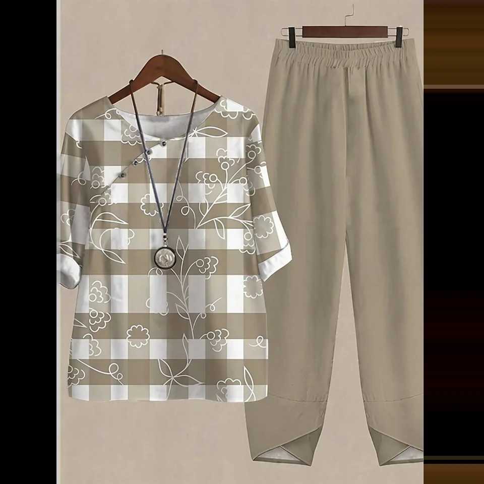 Summer 2 Piece Set Women Loose Short Sve Shirt Top High Waist Pants Flower Print Outfits Ladies Ele Vintage Suit FallXJ250106