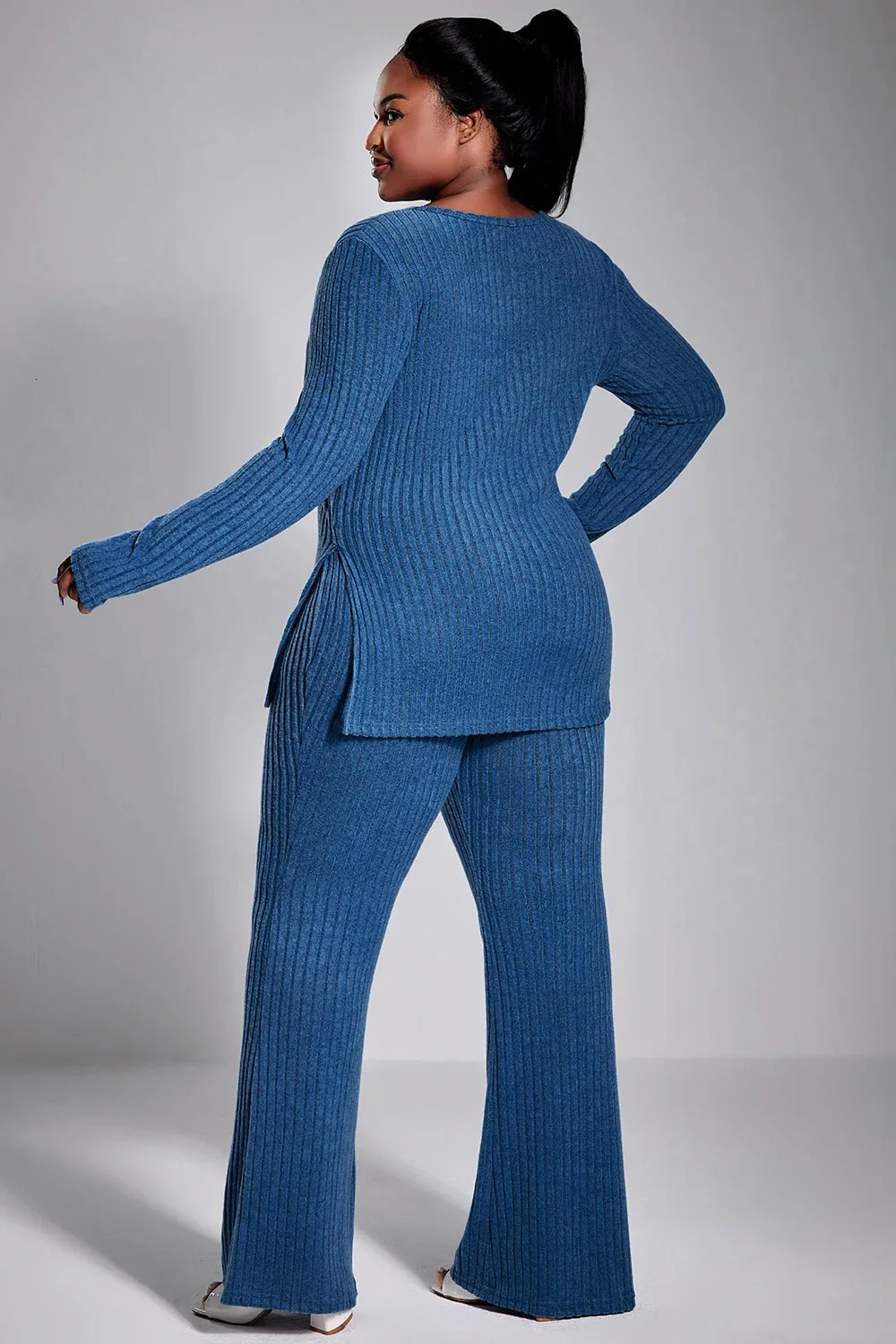 Plus Size Fall Winter Casual Pant Set Royal Blue Solid Color Slim Fit Knitted Round Neck Top Two Piece 250106